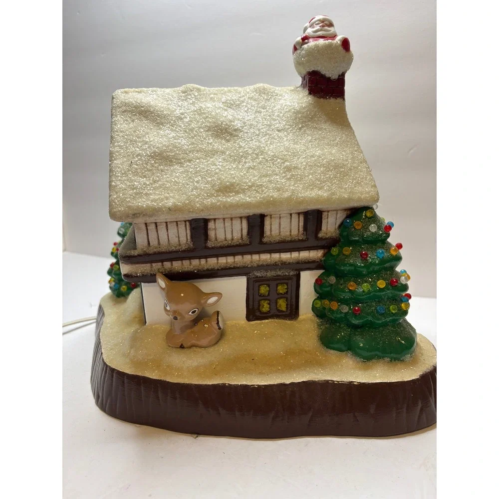 Vintage Lighted Ceramic Christmas House Santa Deer Snow‎ Chalet Decor